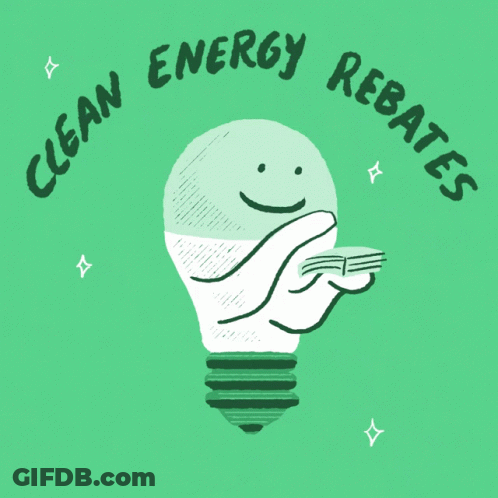 An Illustration Of A Light Bulb With The Words Clean Energy Rebates GIF