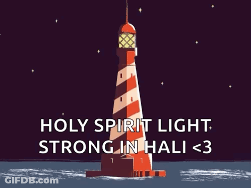 An Illustration Of A Lighthouse With The Words Holy Spirit Light Strong In Hali < 3 Below It GIF