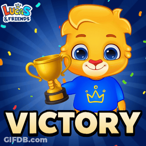 An Illustration Of A Lion Holding A Trophy With The Word Victory Underneath It GIF
