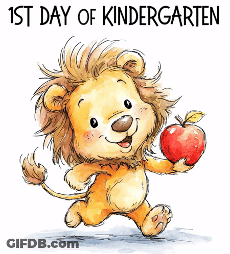 An Illustration Of A Lion Holding An Apple With The Words " 1St Day Of Kindergarten " Above It GIF