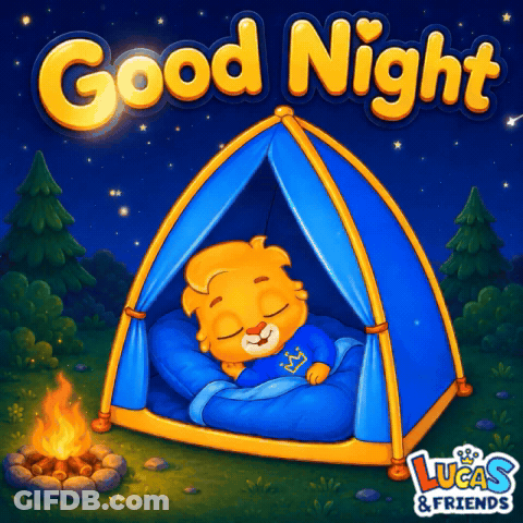 An Illustration Of A Lion Sleeping In A Tent With The Words Good Night Lucas & Friends Below It GIF
