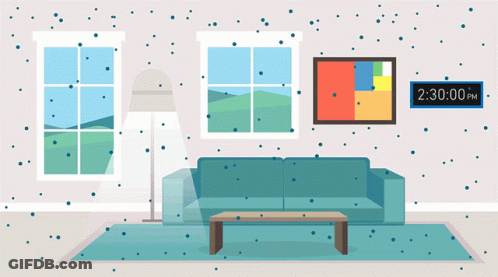 An Illustration Of A Living Room With A Clock That Says 2:30 Pm GIF