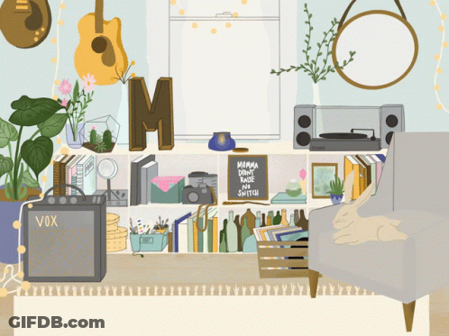 An Illustration Of A Living Room With A Vox Amplifier On The Floor GIF