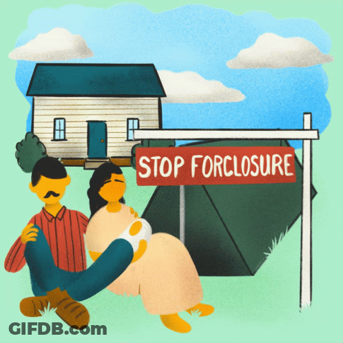 An Illustration Of A Man And A Woman Sitting Under A Sign That Says Stop Forclosure GIF