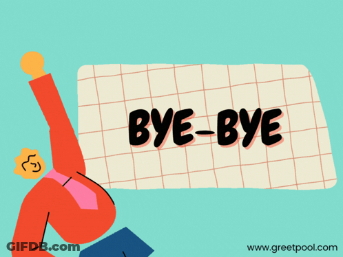 An Illustration Of A Man Holding A Book With The Words Bye-Bye Written On A Piece Of Paper GIF