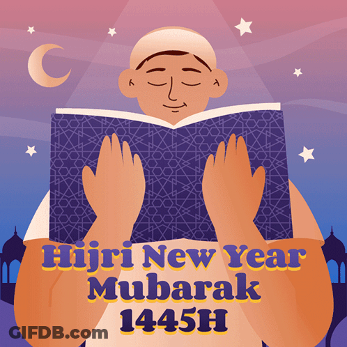 An Illustration Of A Man Reading A Book With The Words Hijri New Year Mubarak 1441H Below Him GIF