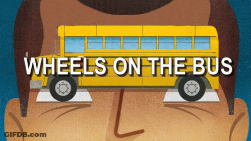 An Illustration Of A Man 'S Face With A Yellow School Bus Behind It That Says Wheels On The Bus GIF