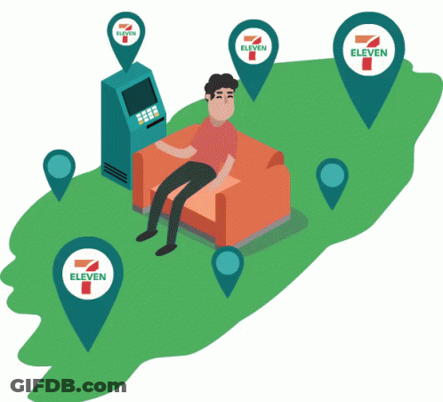 An Illustration Of A Man Sitting On A Couch In Front Of A 7 Eleven Machine GIF