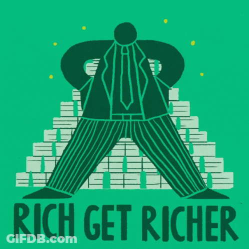 An Illustration Of A Man Standing In Front Of A Pile Of Money With The Words Rich Get Richer Written Below Him GIF