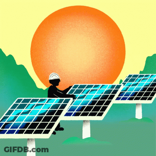 An Illustration Of A Man Working On Solar Panels With A Large Sun In The Background GIF