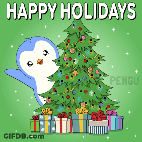 An Illustration Of A Penguin Decorating A Christmas Tree With The Words Happy Holidays Behind It GIF