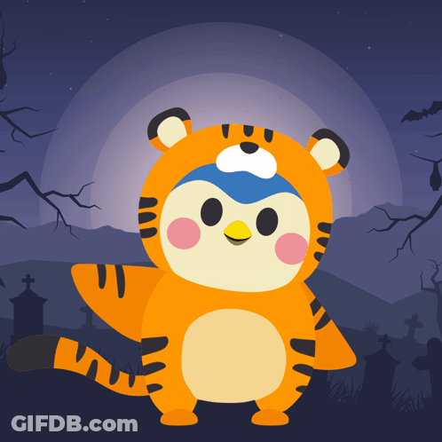 An Illustration Of A Penguin Dressed As A Tiger For Halloween GIF