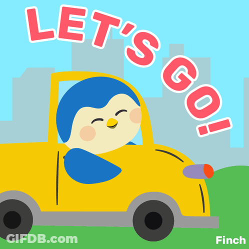 An Illustration Of A Penguin Driving A Yellow Car With The Words Let 'S Go GIF