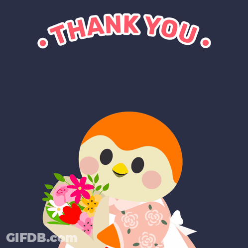 An Illustration Of A Penguin Holding A Bouquet Of Flowers With The Words Thank You Above It GIF