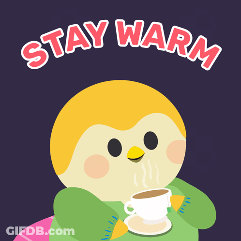 An Illustration Of A Penguin Holding A Cup Of Coffee With The Words Stay Warm Above It GIF