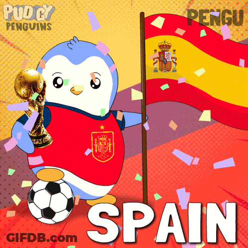 An Illustration Of A Penguin Holding A Trophy And A Flag With The Word Spain On It GIF