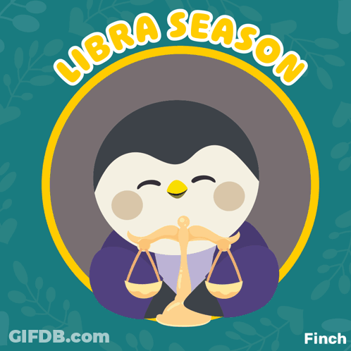 An Illustration Of A Penguin Holding Scales With The Words Libra Season Behind It GIF