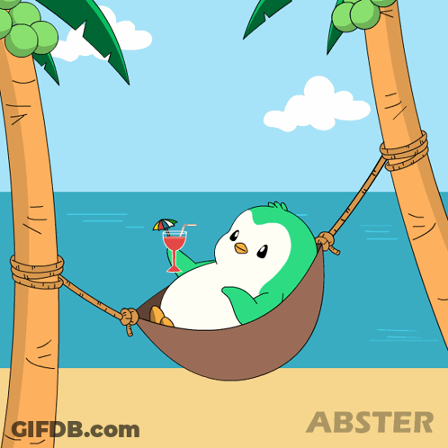 An Illustration Of A Penguin Laying In A Hammock With A Drink On The Beach GIF