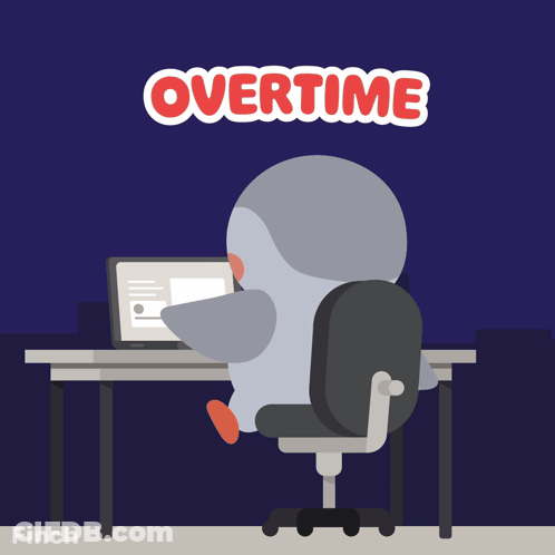 An Illustration Of A Penguin Sitting At A Desk With The Words Overtime Above Him GIF