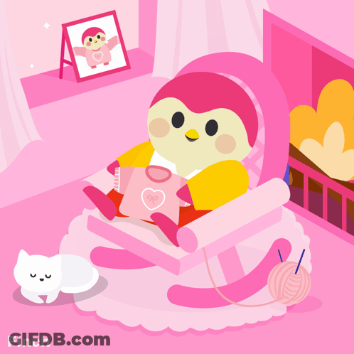 An Illustration Of A Penguin Sitting In A Rocking Chair With The Name Finch On The Bottom Right GIF
