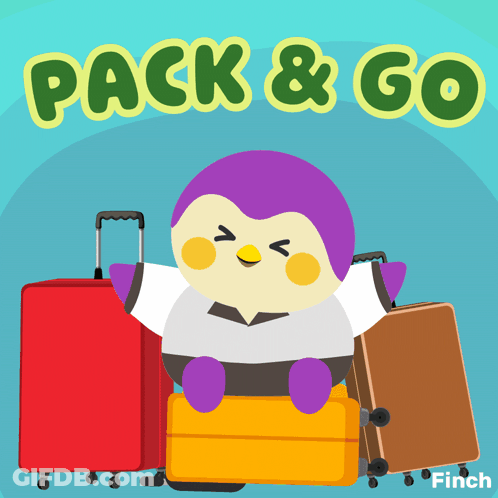 An Illustration Of A Penguin Sitting On A Suitcase With The Words Pack & Go Above Him GIF