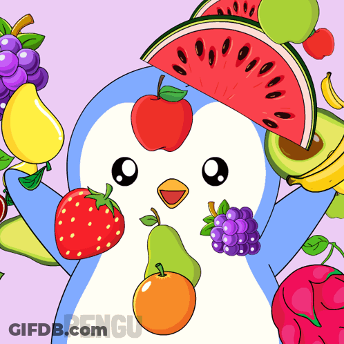 An Illustration Of A Penguin Surrounded By Fruit Including Strawberries Grapes And Watermelon GIF