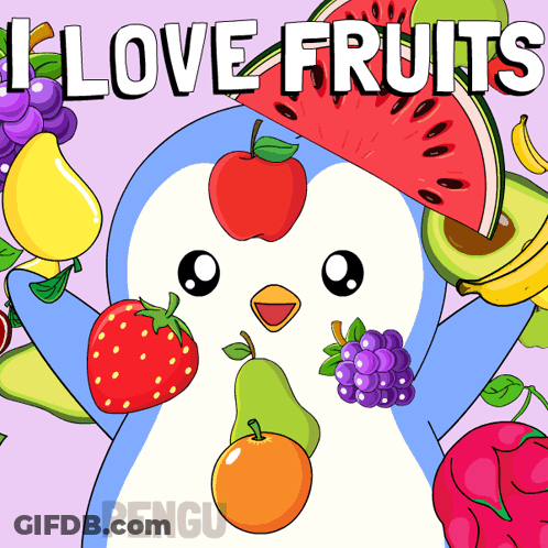 An Illustration Of A Penguin Surrounded By Fruit With The Words " I Love Fruits " GIF