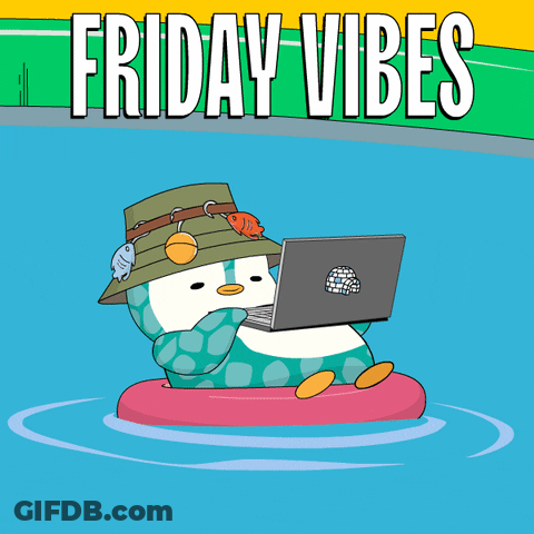 An Illustration Of A Penguin Using A Laptop With The Words Friday Vibes Above It GIF