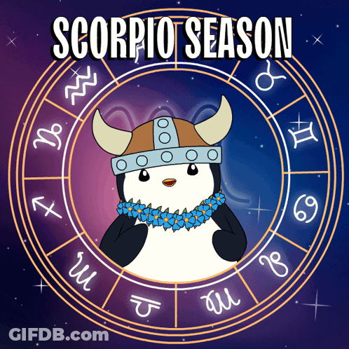An Illustration Of A Penguin Wearing A Viking Helmet With The Words Scorpio Season GIF