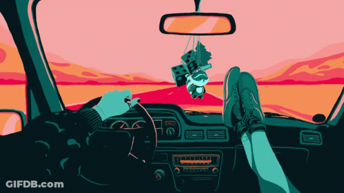 An Illustration Of A Person Driving A Car With Their Feet Up On The Dashboard GIF