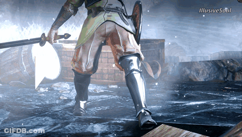 An Illustration Of A Person Holding A Sword And Shield With The Words Illusive Soul Visible GIF