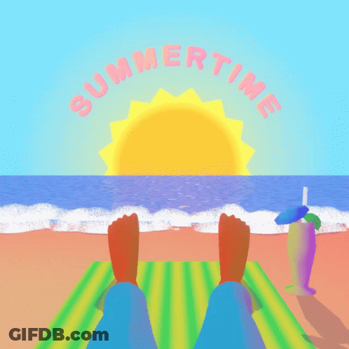 An Illustration Of A Person Laying On A Beach With The Words Summertime In Pink GIF