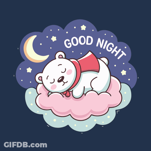 An Illustration Of A Polar Bear Sleeping On A Cloud With The Words Good Night Around It GIF