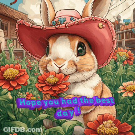 An Illustration Of A Rabbit Wearing A Cowboy Hat Holding A Flower With The Words Hope You Had The Best Day Below It GIF