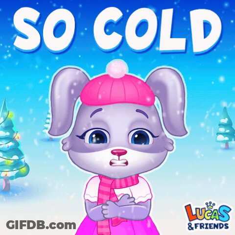 An Illustration Of A Rabbit Wearing A Pink Hat And Scarf With The Words So Cold Above It GIF