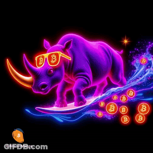 An Illustration Of A Rhino Wearing Sunglasses And Riding A Surfboard Surrounded By Bitcoin Coins GIF