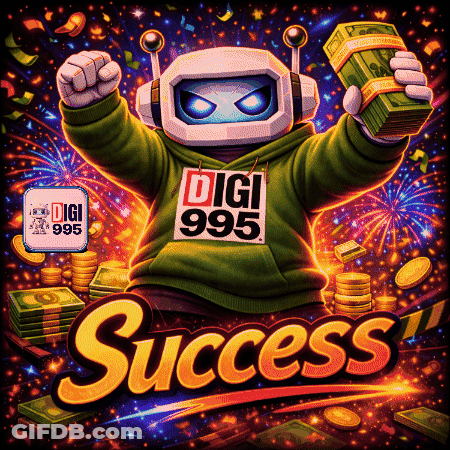 An Illustration Of A Robot Holding A Stack Of Money With The Words Success Below It GIF