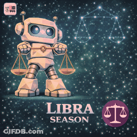 An Illustration Of A Robot Holding Scales And The Words Libra Season Below It GIF