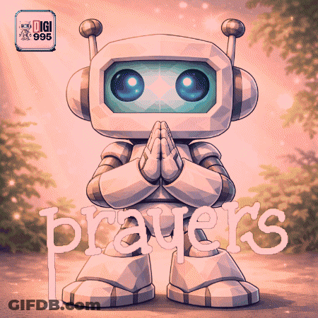 An Illustration Of A Robot Praying With The Word Prayers Behind Him GIF