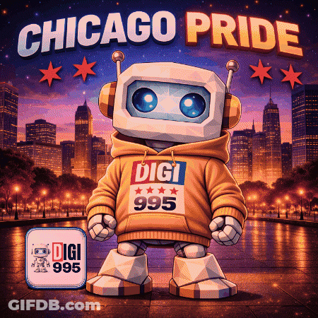 An Illustration Of A Robot Wearing A Hoodie That Says Chicago Pride GIF
