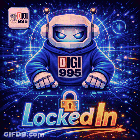 An Illustration Of A Robot Wearing A Hoodie That Says Digi 995 Locked In GIF