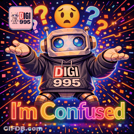 An Illustration Of A Robot With A Hoodie That Says Digi 995 I 'M Confused GIF