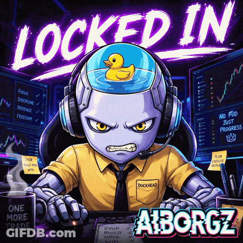 An Illustration Of A Robot With A Rubber Duck In His Head And The Words " Locked In " Above Him GIF