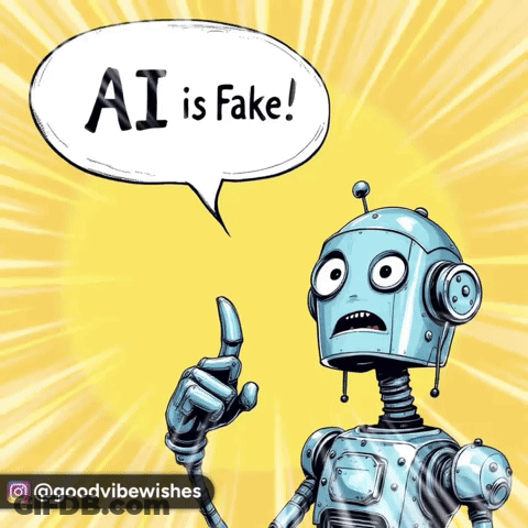 An Illustration Of A Robot With A Speech Bubble That Says Ai Is Fake GIF