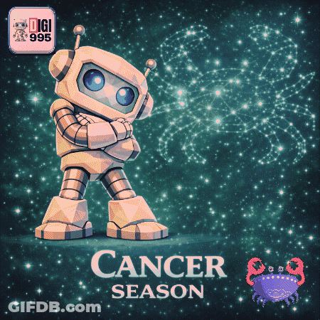 An Illustration Of A Robot With Arms Crossed And The Words Cancer Season GIF