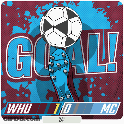 An Illustration Of A Soccer Player 'S Foot Kicking A Soccer Ball With The Word Goal Behind It GIF