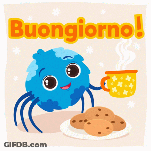 An Illustration Of A Spider Holding A Cup Of Coffee And A Plate Of Cookies GIF