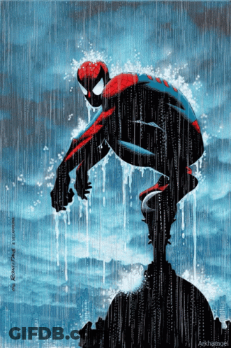 An Illustration Of A Spiderman Standing In The Rain GIF