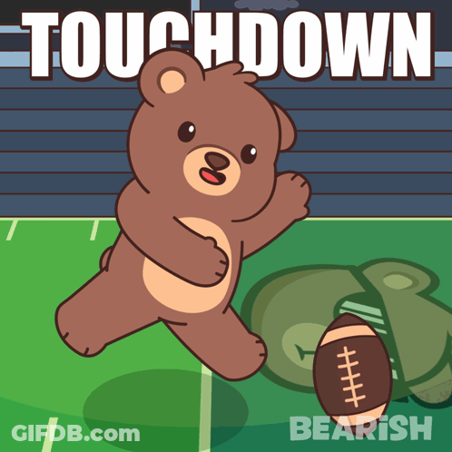 An Illustration Of A Teddy Bear Holding A Football With The Words Touchdown Behind Him GIF