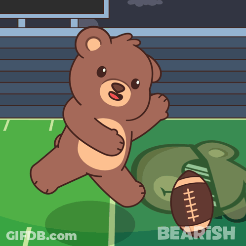 An Illustration Of A Teddy Bear Kicking A Football With The Word Bearish Behind It GIF